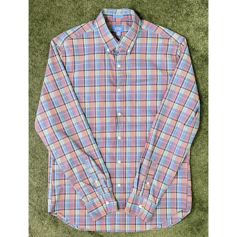 J Crew Lightweight Stretch Slim Men M Blue Pink Secret Wash‎ Cotton Poplin Shirt